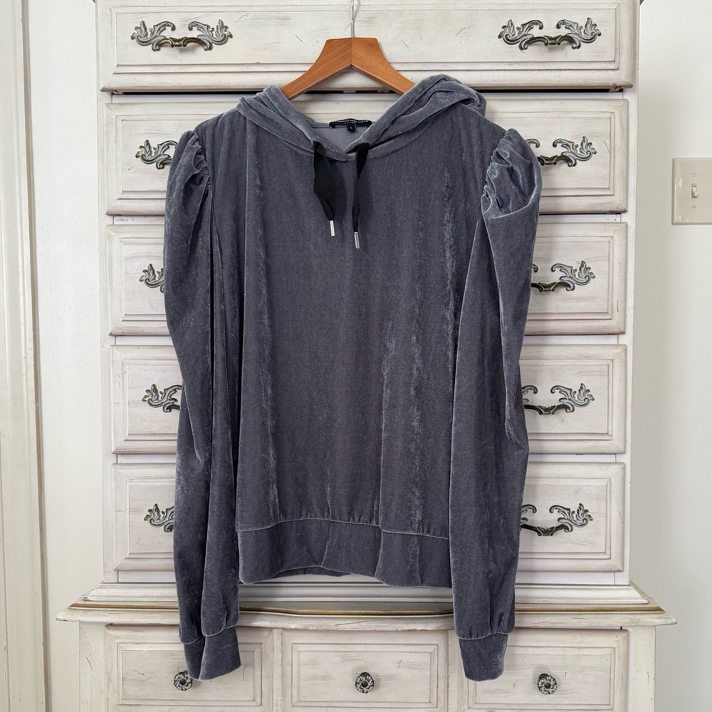 Grey Velvet Puff Sleeve Hoodie Sweater